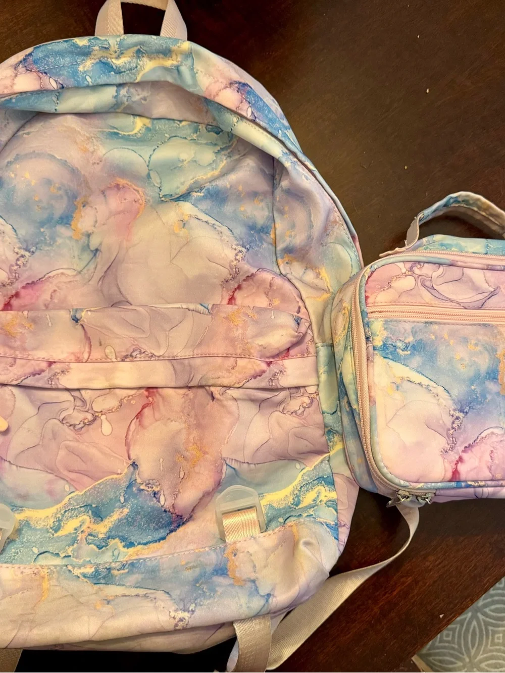 Pastel Marble Kids Backpack and Lunch Bag Set - Pink Blue Cream